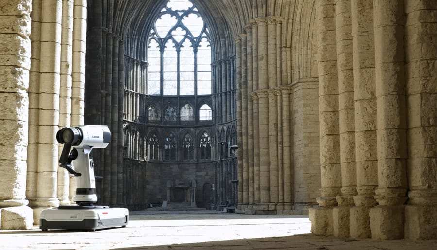 Technician operating a 3D laser scanner to document the intricate details of a gothic cathedral facade