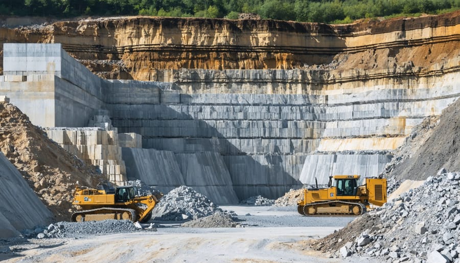 Aerial view of an active natural stone quarry with mining equipment and exposed rock faces