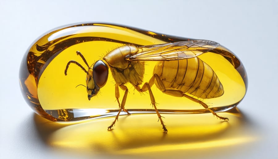 Ancient insect suspended in golden amber showing complete preservation