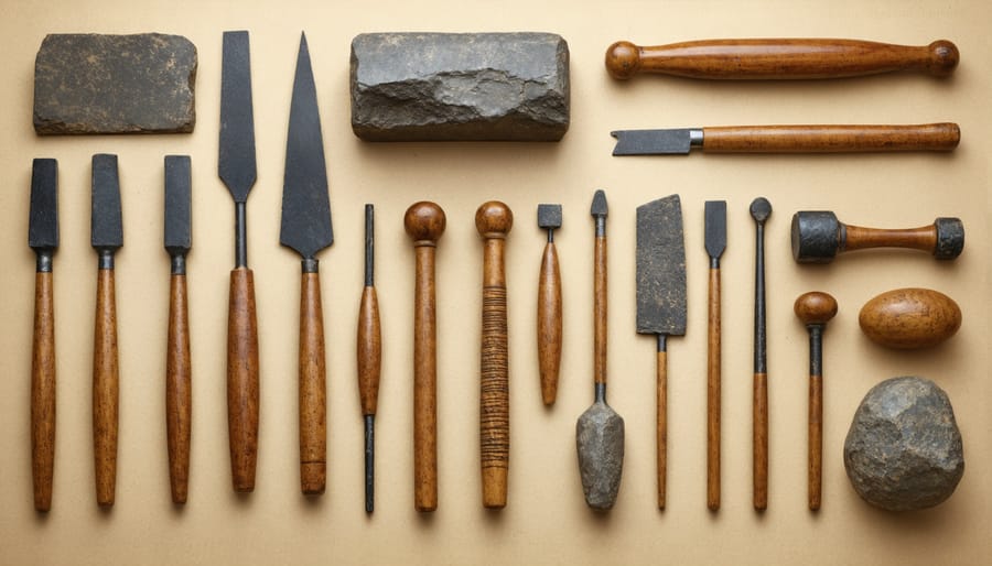 Collection of ancient Egyptian stone carving tools including chisels and mallets