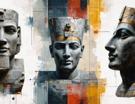 A conceptual collage showcasing famous ancient stone sculptures including Easter Island moai, Egyptian Sphinx, and Greek classical statues, with textures illustrating the erosion over millennia and symbolic carving tools that highlight the cross-cultural artistry in stone.