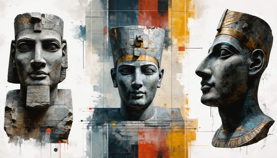 A conceptual collage showcasing famous ancient stone sculptures including Easter Island moai, Egyptian Sphinx, and Greek classical statues, with textures illustrating the erosion over millennia and symbolic carving tools that highlight the cross-cultural artistry in stone.