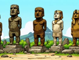 A diverse collection of ancient stone statues representing different civilizations, including a Moai from Easter Island, a classical Greek sculpture, and an Egyptian pharaoh statue, set against a natural backdrop.