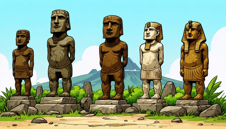 A diverse collection of ancient stone statues representing different civilizations, including a Moai from Easter Island, a classical Greek sculpture, and an Egyptian pharaoh statue, set against a natural backdrop.