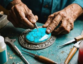 Artisan hands meticulously setting a turquoise stone into a metal frame for stone inlay jewelry, surrounded by jeweler's tools in a workshop.