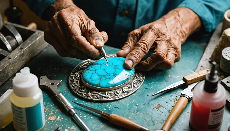 Artisan hands meticulously setting a turquoise stone into a metal frame for stone inlay jewelry, surrounded by jeweler's tools in a workshop.