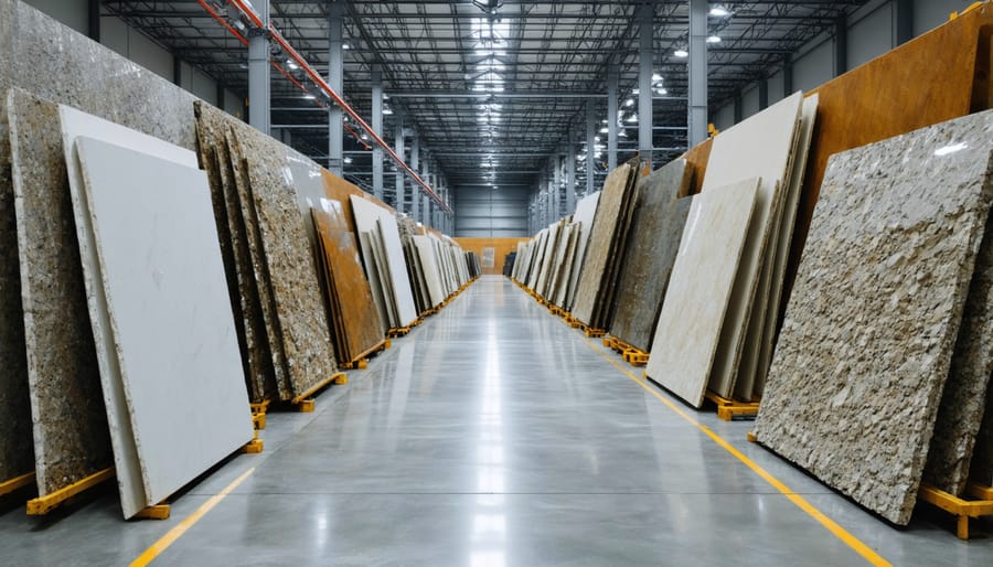 Robotic crane system organizing stone slabs in a warehouse setting