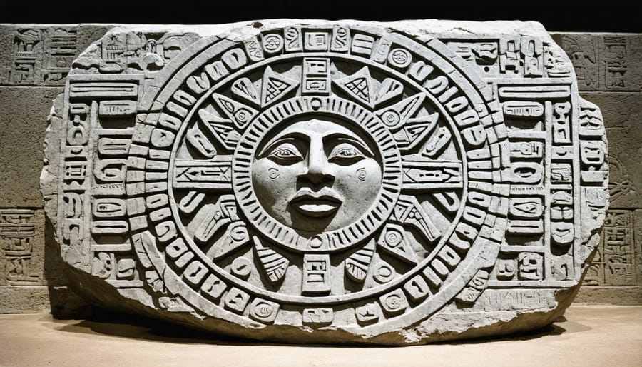 Ancient Aztec Calendar Stone with detailed astronomical and mythological carvings