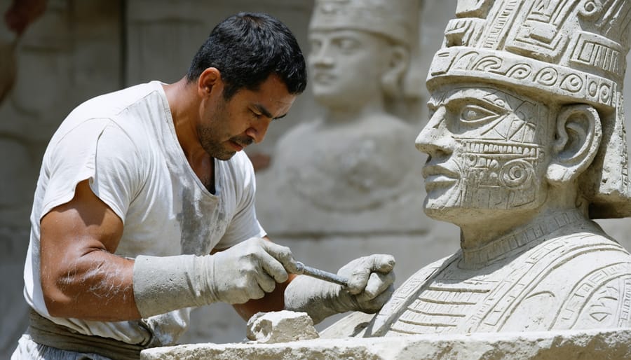 Demonstration of ancient Aztec stone carving techniques using period-accurate tools