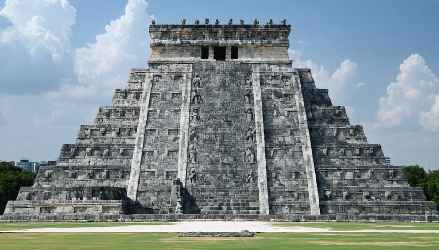 Image of an ancient Aztec temple featuring towering stone sculptures, intricately carved reliefs, and free-standing figures, showcasing the blend of artistry and architectural design, set against a Mesoamerican cityscape.