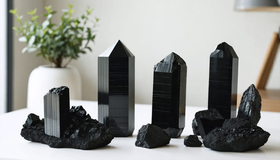 Black tourmaline crystals displayed in contemporary workspace for stress protection