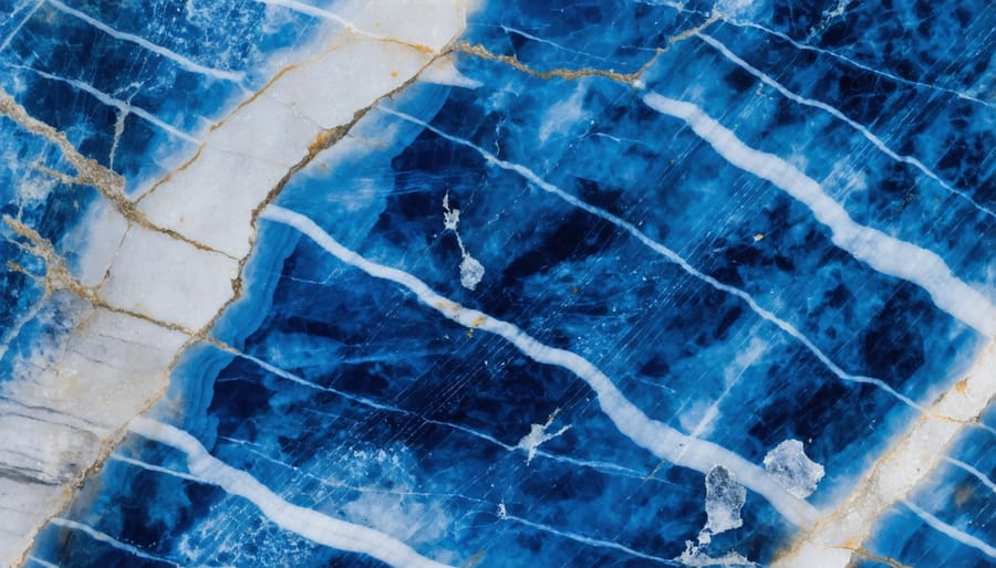 Polished blue sodalite crystal displaying characteristic white veining against deep blue background