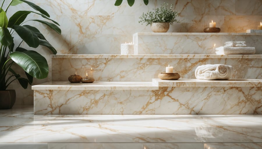 Peaceful arrangement of marble and travertine stones showcasing their calming textures