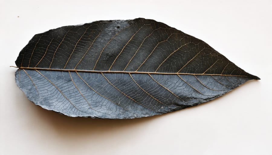 Carbonized leaf fossil showing detailed vein patterns preserved as dark imprint