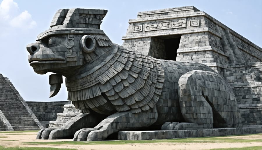 Monumental stone sculpture of Coatlicue, the Aztec earth goddess, within temple architecture