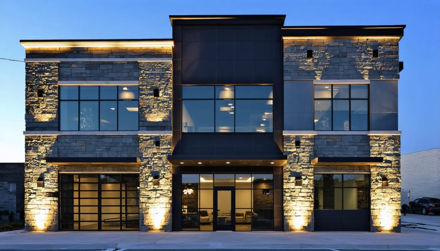 Modern office building exterior featuring stone veneer cladding with architectural lighting