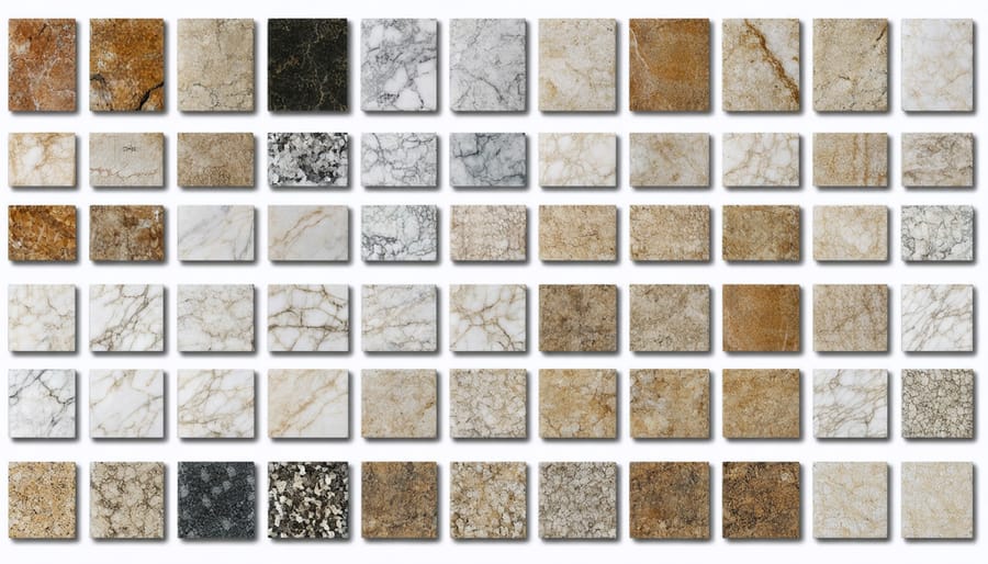 Various commercial natural stone types labeled and displayed side by side