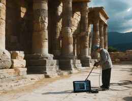 A technician uses a 3D laser scanner to document the detailed surface of an ancient stone monument, highlighting the modern techniques used in preserving cultural heritage.