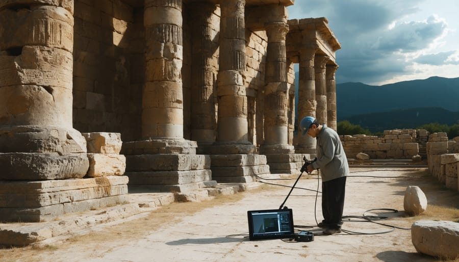 A technician uses a 3D laser scanner to document the detailed surface of an ancient stone monument, highlighting the modern techniques used in preserving cultural heritage.