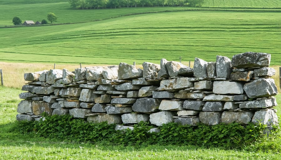 Traditional dry stack stone wall demonstrating careful stone placement without mortar