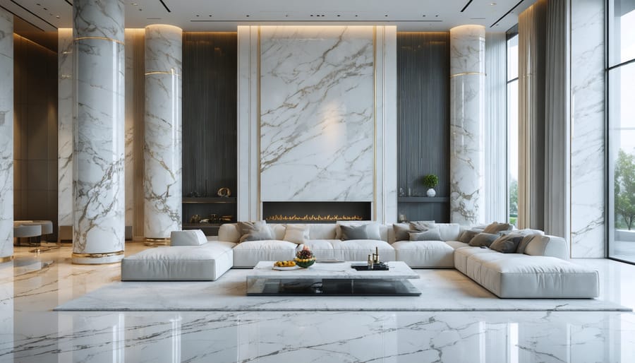 A modern living room with white marble columns providing structural support and aesthetic beauty, complemented by contemporary furniture and natural light.