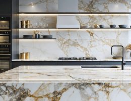 A luxurious kitchen showcasing marble countertops in diverse colors and patterns, with illustrated price tags highlighting elements such as material, installation, and maintenance costs.