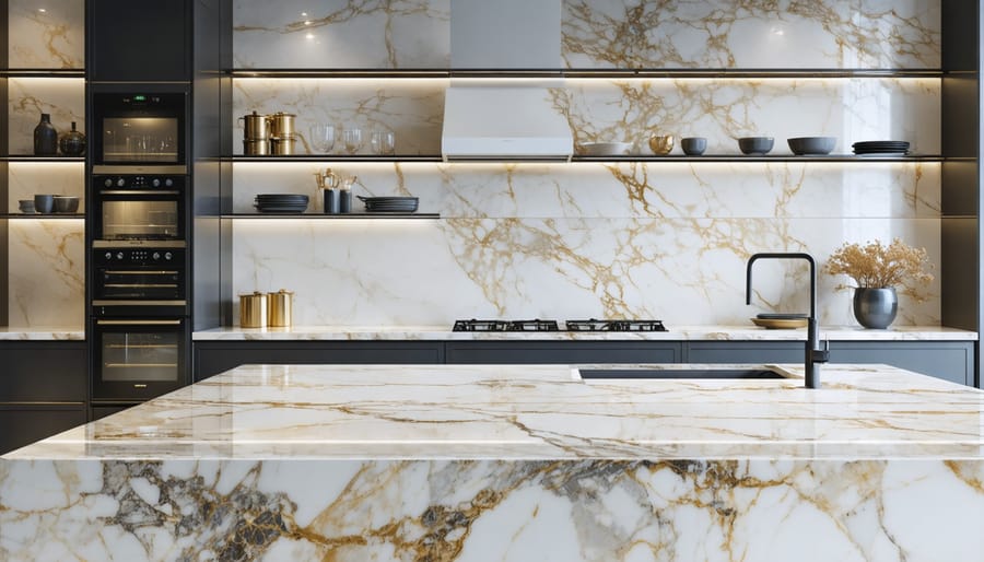 A luxurious kitchen showcasing marble countertops in diverse colors and patterns, with illustrated price tags highlighting elements such as material, installation, and maintenance costs.