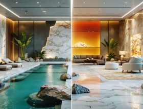 Split-image depicting the dual power of natural stones: calming marble and travertine in a spa setting, and energizing granite and quartzite in a dynamic office environment, highlighting their impact on emotional well-being.