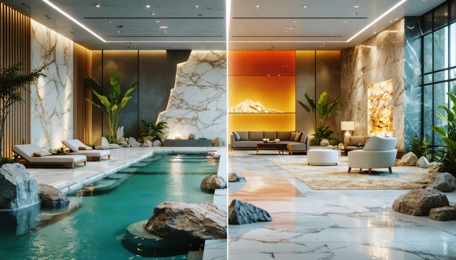 Split-image depicting the dual power of natural stones: calming marble and travertine in a spa setting, and energizing granite and quartzite in a dynamic office environment, highlighting their impact on emotional well-being.