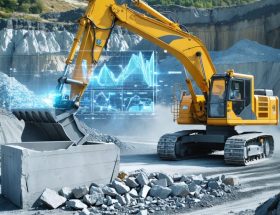 A modernized stone quarry site using factor technology, featuring advanced machinery precisely extracting stone blocks with digital monitoring systems, highlighting technological advancements in quarrying.