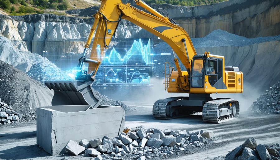 A modernized stone quarry site using factor technology, featuring advanced machinery precisely extracting stone blocks with digital monitoring systems, highlighting technological advancements in quarrying.