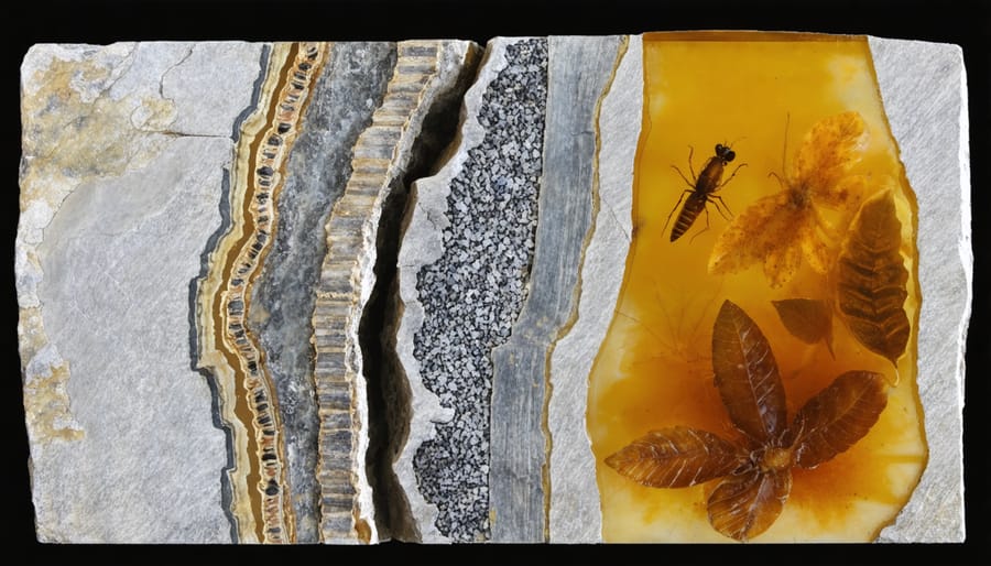 Cross-section of sedimentary rock showing various fossil preservation types, including permineralized dinosaur bones, carbonized leaf impressions, amber-preserved insects, and molds and casts of sea shells, illustrating the diversity of ancient life forms preserved in stone.
