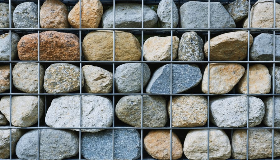 Contemporary gabion fence with wire mesh containers filled with natural stones