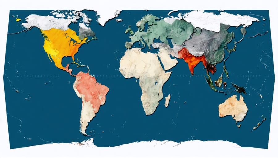 Global map showing locations of significant quartz deposits and formations