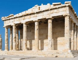 A montage showcasing global stone architecture, featuring elements from the Parthenon, Eastern temples, Gothic cathedrals, and modern stone buildings.