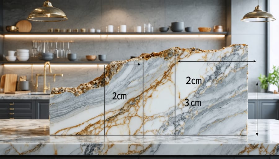 Cross-section illustration of granite countertop slabs showing 2cm and 3cm thickness, set against a stylish kitchen backdrop, highlighting the thickness difference and its impact on design.