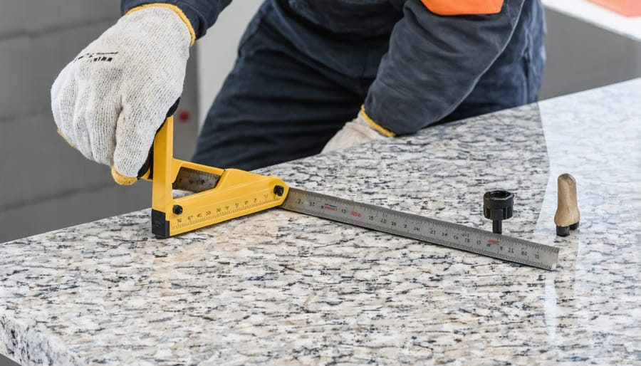 Granite countertop installation professional using measuring tools to verify thickness