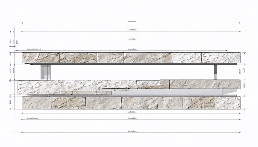 Technical diagram illustrating support requirements for 2cm and 3cm granite countertops
