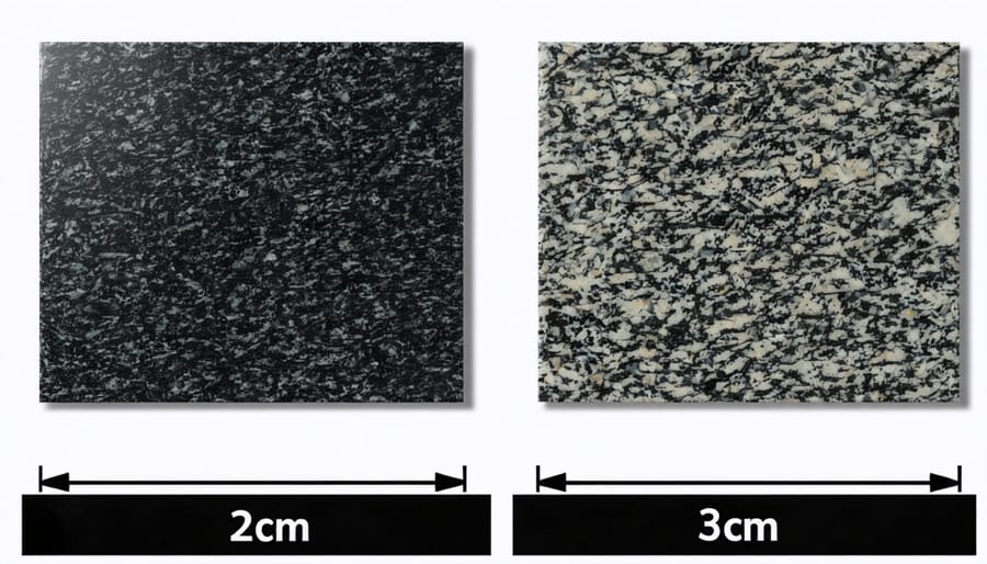 Comparison of standard granite thicknesses showing 2cm and 3cm samples with rulers