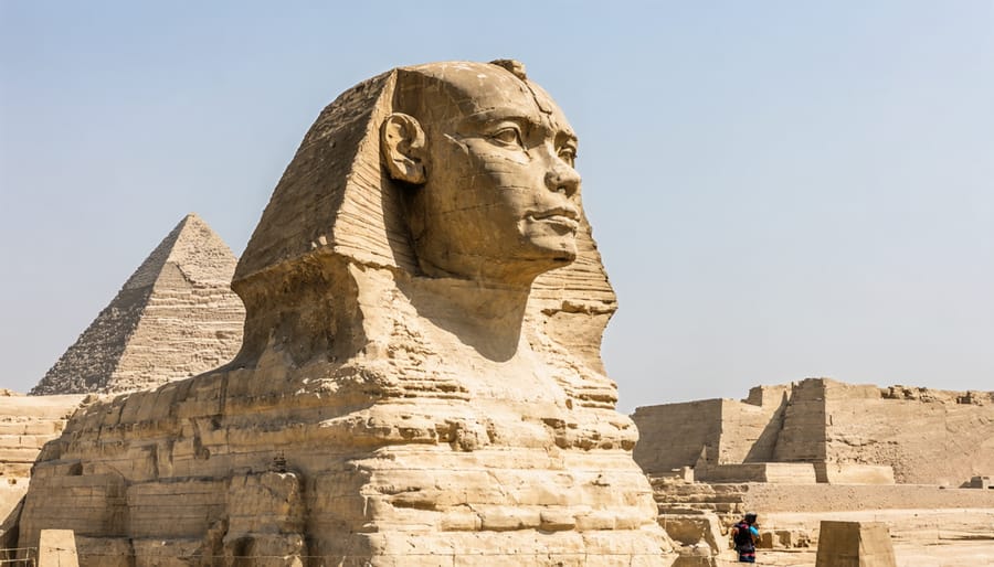 Ancient Egyptian Sphinx showing intricate limestone carving techniques and monumental scale