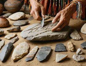 Conceptual illustration of traditional crafting of Indian stone tools, with hands creatively shaping a tool alongside authentic artifacts like arrowheads and grinding implements on an earthy textured background.