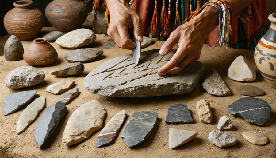Conceptual illustration of traditional crafting of Indian stone tools, with hands creatively shaping a tool alongside authentic artifacts like arrowheads and grinding implements on an earthy textured background.