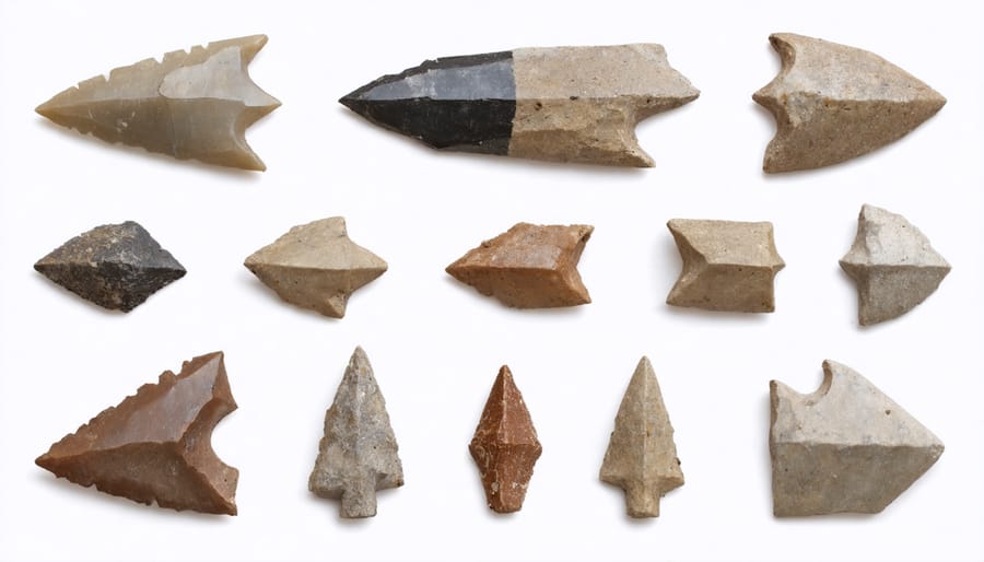 Display of authentic Native American arrowheads and projectile points showing various designs and materials