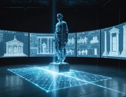 A laser beam meticulously scans a classical stone sculpture, with nearby screens displaying 3D models of stonework, illustrating the modern technology's capacity for precise stone analysis and fabrication.