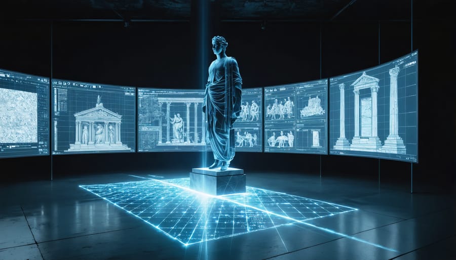 A laser beam meticulously scans a classical stone sculpture, with nearby screens displaying 3D models of stonework, illustrating the modern technology's capacity for precise stone analysis and fabrication.