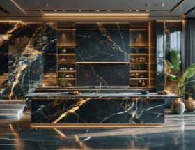 Elegant kitchen featuring diverse natural stone countertops, including a marble island, granite side counter, and samples of quartzite and soapstone, highlighting unique veining and patterns.