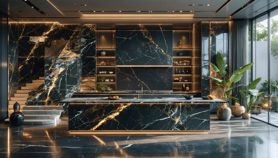 Elegant kitchen featuring diverse natural stone countertops, including a marble island, granite side counter, and samples of quartzite and soapstone, highlighting unique veining and patterns.