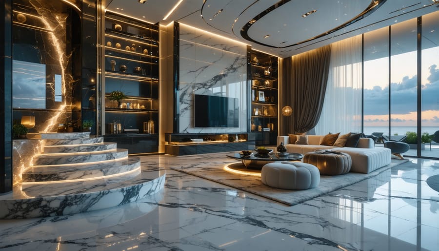 Luxurious living room with natural stone elements integrated with smart home technology, featuring marble countertops, granite surfaces with LED lighting, and an elegant ambiance.