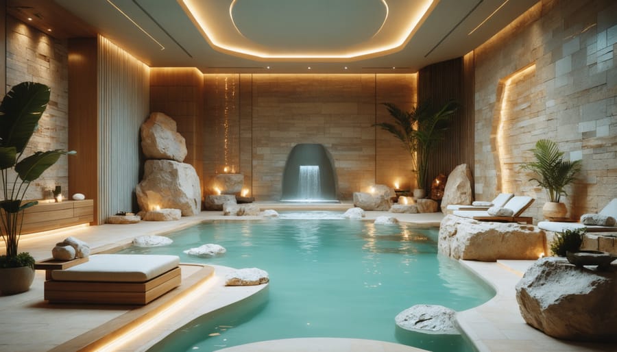 Modern wellness space with natural stone features and vibroacoustic therapy equipment