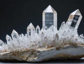 Majestic quartz crystal formation featuring large, clear hexagonal crystals emerging from Earth's crust, illuminated to highlight their intricate structure against a geological backdrop.